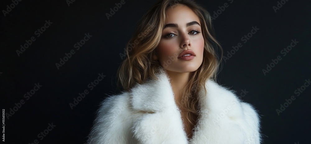 A portrait of a woman in a stylish white fur coat against a dark background. A portrait of a woman in a stylish white fur coat against a dark background.