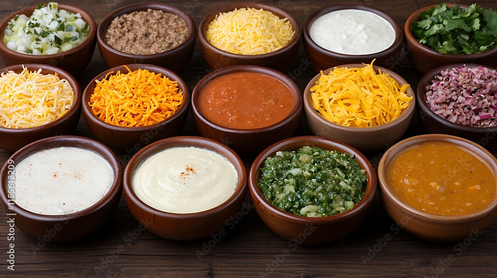 Assorted toppings and sauces in wooden bowls on a dark wooden surface.