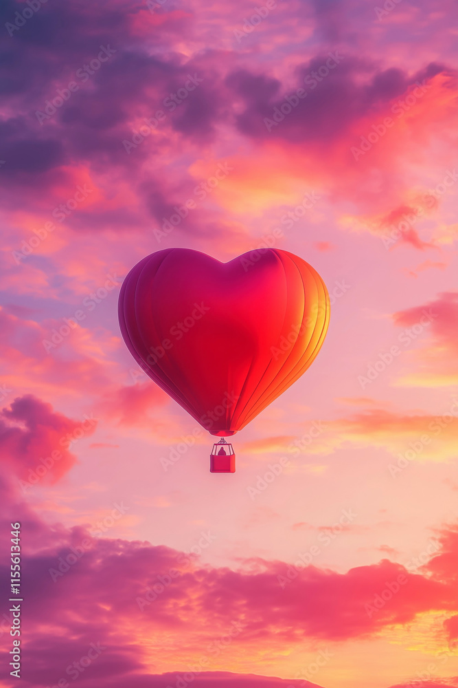 Obraz premium A bright red, heart-shaped hot air balloon floating over the sky and clouds on the sunset