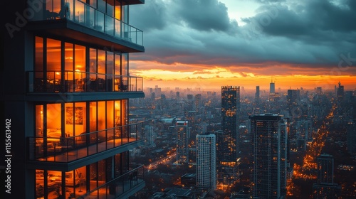 Modern architectural design showcasing glass facade against colorful sunset s...