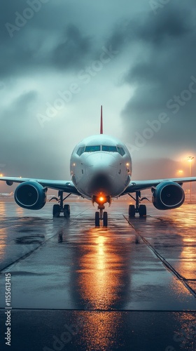 Airplane on runway in rainy weather during twilight with bright lights illumi...