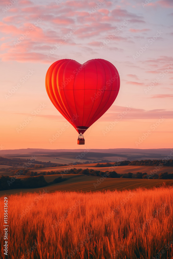 Fototapeta premium A bright red, heart-shaped hot air balloon floating over a green field on a clear evening day with a beautiful sunset