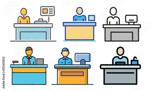 Office Worker Desk Icon Set in Various Styles, A set of six colorful office worker desk icons showcasing diverse professions and styles, perfect for business and workplace designs.
