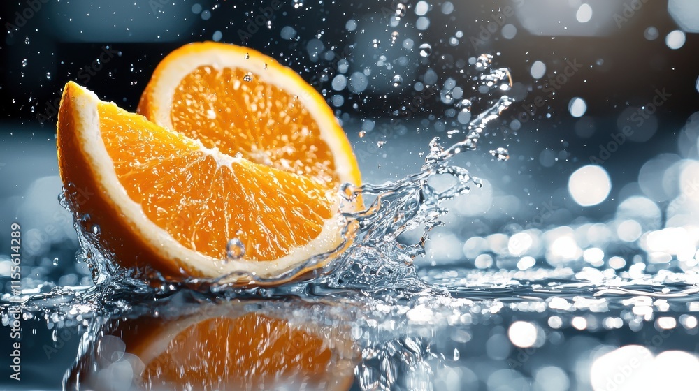 Sliced orange revealing juicy interior refreshing healthy fruit splash natural drink inspiration vibrant kitchen setting Sliced orange revealing juicy interior refreshing healthy fruit splash natural drink inspiration vibrant kitchen setting