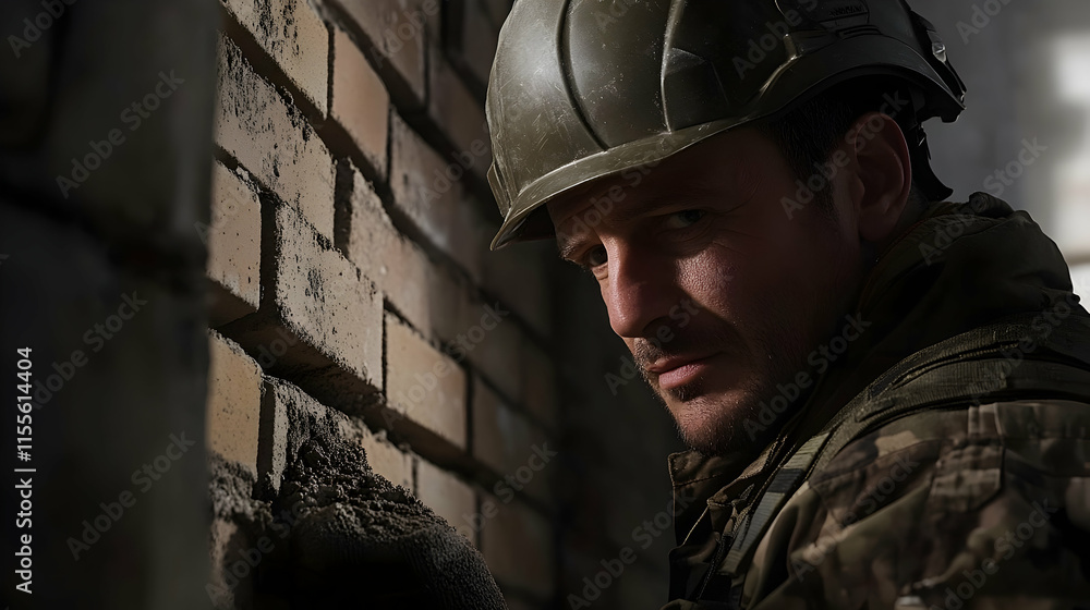 Obraz premium Laborer laying bricks at construction site in industrial setting with close-up view