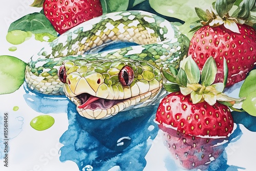 Green Snake Among Red Strawberries Watercolor Painting photo