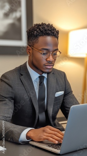 Professional man working on laptop in modern office setting during daytime