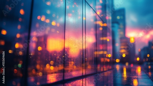 Modern architectural design showcasing glass facade against colorful sunset s...