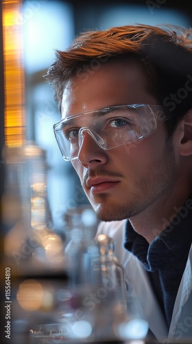 Young scientist working in a laboratory with experiments and glassware under ...