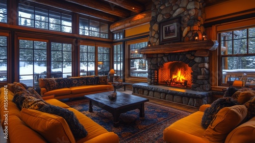 Cozy cabin living room with fireplace and snowy landscape in the evening