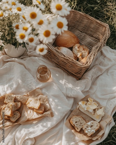 A picnic scene featuring bread, a drink, and flowers in a basket on a blanket. photo