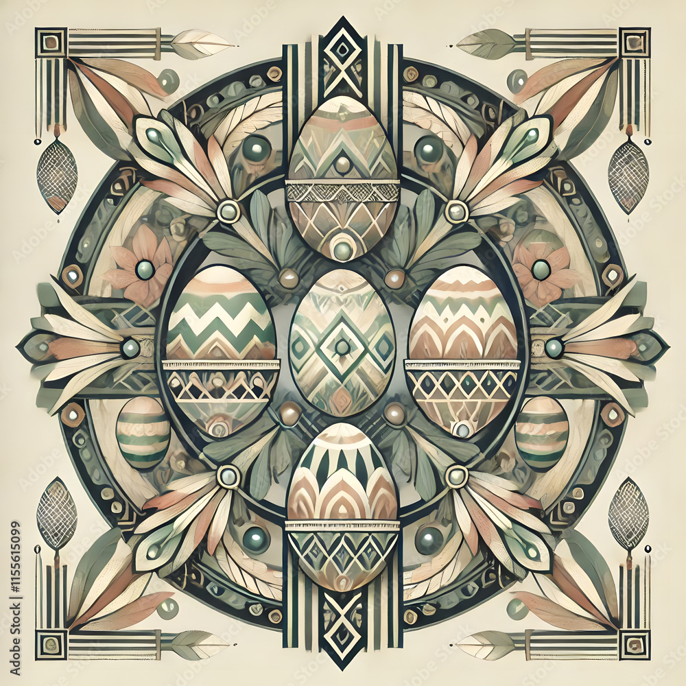 Art Deco influenced Easter wreath with geometric patterns and muted colors for vintage feel for print
Art Deco influenced Easter wreath with geometric patterns and muted colors for vintage feel for print