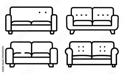 Minimalist Outline Sofa Icons Collection, Set of four sofa illustrations in outline style, showcasing different designs with cushions and armrests, perfect for interior design themes.
