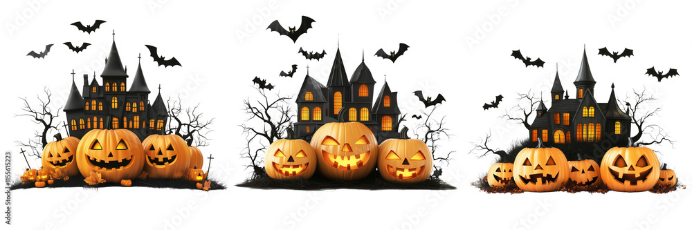 Fototapeta premium Set of A cozy front porch decorated for Halloween with an array of carved pumpkins on transparent png background