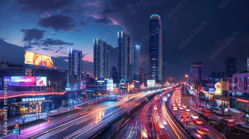 Fototapeta premium Night Cityscape: Vibrant Metropolis at Dusk