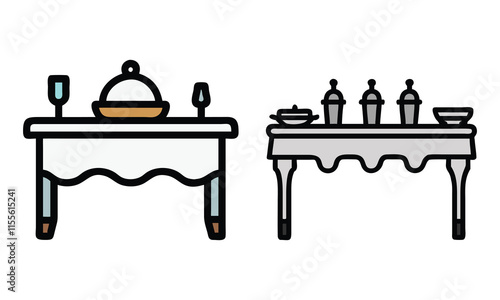 Dining Table Icons with Decorative Settings, Set of two dining table illustrations featuring tablecloths, dishware, and decorative arrangements in colorful and minimalist outline styles.
