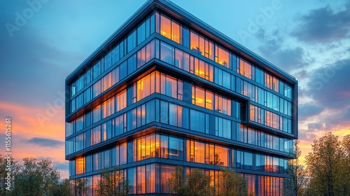 Modern architectural design showcasing glass facade against colorful sunset s...