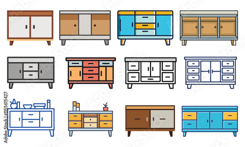 Collection of Sideboard and Cabinet Icons, Set of twelve sideboard and cabinet illustrations featuring diverse styles, colors, and storage designs, perfect for interior and furniture themes.
