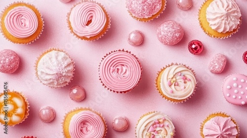 Pink cupcakes and candies arranged on a pink background. photo