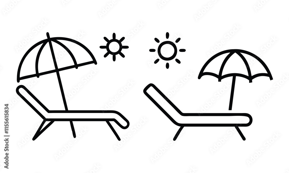 Outline Beach Lounge Chair and Umbrella Icons, Pair of minimalist beach lounge chair illustrations with umbrellas and sun icons in outline style, ideal for summer and vacation themes.
Outline Beach Lounge Chair and Umbrella Icons, Pair of minimalist beach lounge chair illustrations with umbrellas and sun icons in outline style, ideal for summer and vacation themes.