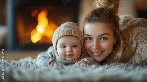 Mother cradling her baby by the fireplace in a cozy living room during winter...