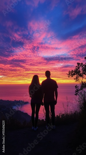 Couple enjoying sunset together at ocean view with vibrant sky colors