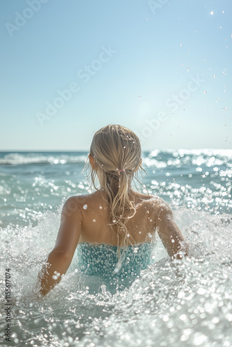 Wallpaper Mural  Blonde Girl Entering Sparkling Sea on a Bright Sunny Day Torontodigital.ca