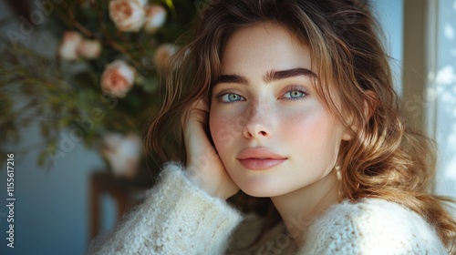 Natural beauty portrait with soft focus and floral background