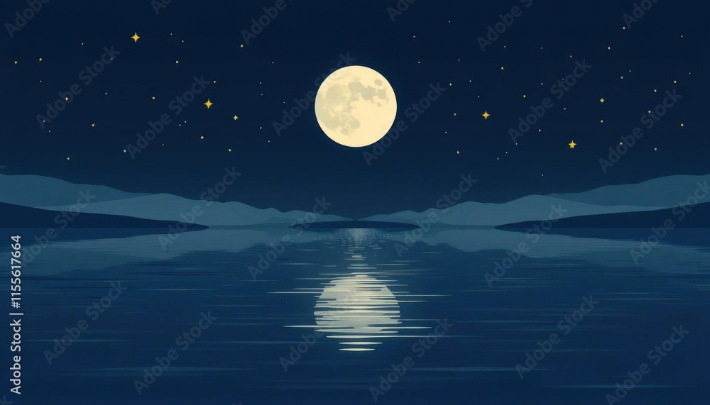 Fototapeta premium Night Sky with Full Moon Reflected on Calm Water, Evoking Peace