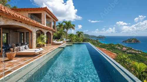 Luxurious villa with infinity pool overlooking the sea and mountains in a tro...