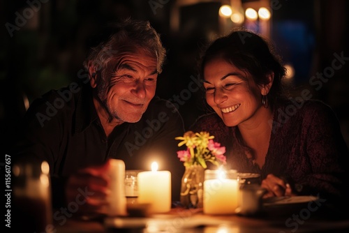 Young couple enjoying intimate dinner under warm string lights at cozy outdoo...
