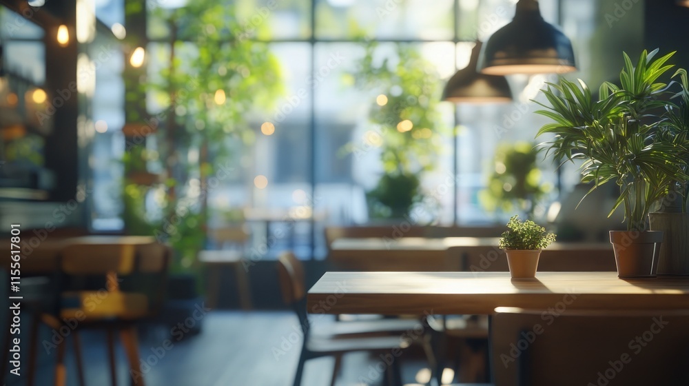Sunlit cafe interior with plants and wooden tables. Sunlit cafe interior with plants and wooden tables.