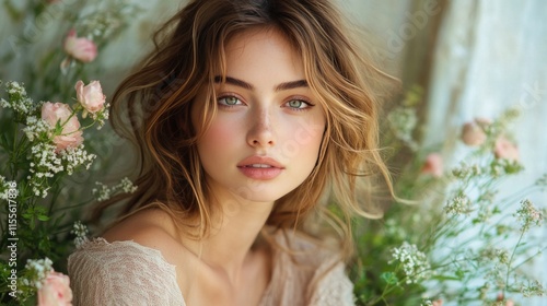 Natural beauty portrait with soft focus and floral background