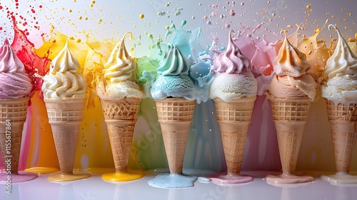 On a white background, colorful ice cream cones with splashing scoops, Generative Ai. photo