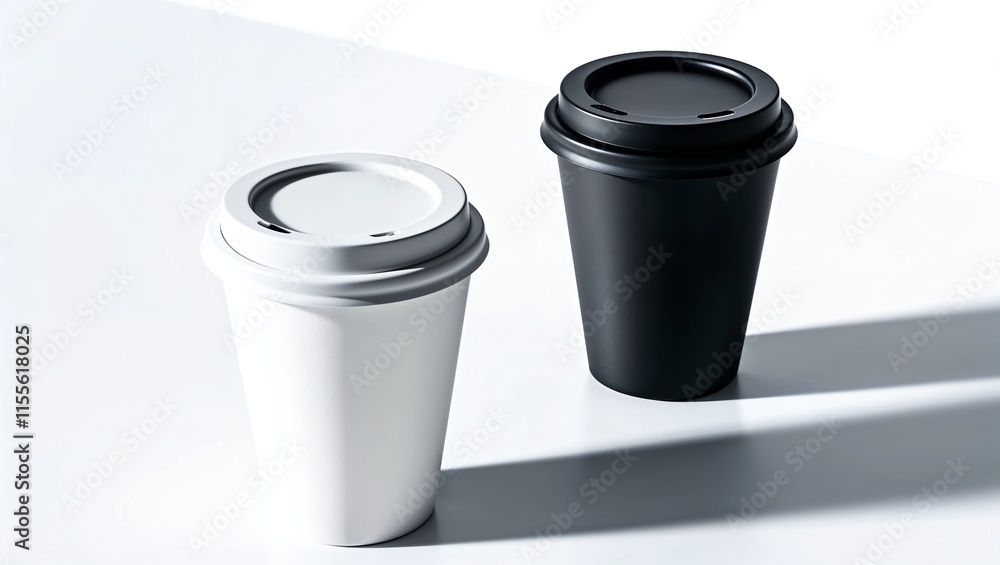 Blank black and white disposable paper cup with plastic lid mock up isolated, 3d rendering. Empty polystyrene coffee drinking mug mockup front view. Clear plain tea Blank black and white disposable paper cup with plastic lid mock up isolated, 3d rendering. Empty polystyrene coffee drinking mug mockup front view. Clear plain tea