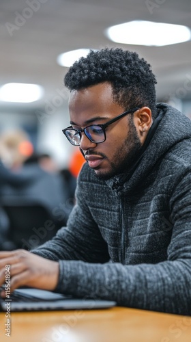Focused student working on a laptop in a study space during evening hours