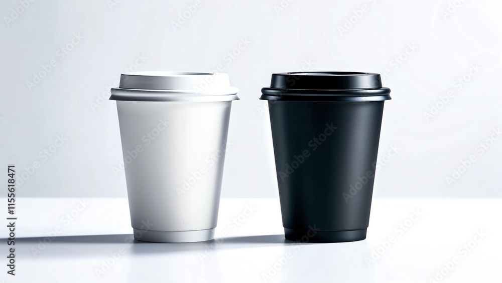Blank black and white disposable paper cup with plastic lid mock up isolated, 3d rendering. Empty polystyrene coffee drinking mug mockup front view. Clear plain tea Blank black and white disposable paper cup with plastic lid mock up isolated, 3d rendering. Empty polystyrene coffee drinking mug mockup front view. Clear plain tea