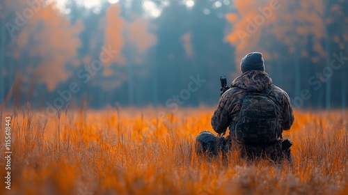 Hunter in orange jacket focusing on distant target in autumn landscape