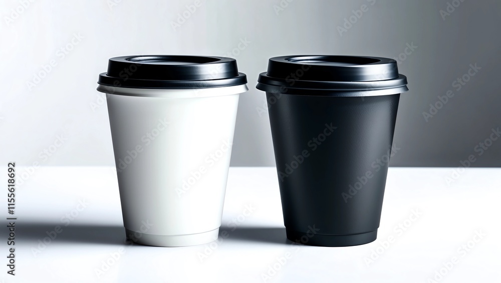 Blank black and white disposable paper cup with plastic lid mock up isolated, 3d rendering. Empty polystyrene coffee drinking mug mockup front view. Clear plain tea Blank black and white disposable paper cup with plastic lid mock up isolated, 3d rendering. Empty polystyrene coffee drinking mug mockup front view. Clear plain tea