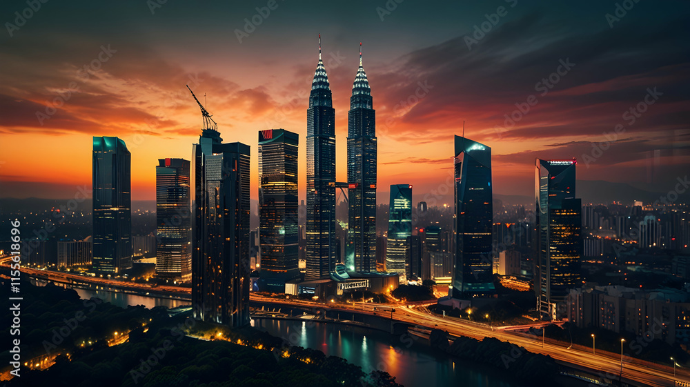 Obraz premium Majestic Kuala Lumpur Skyline at Sunrise: Breathtaking Aerial View of Petronas Towers and Cityscape