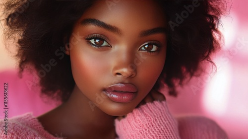 Close-up of young woman with natural beauty showcasing flawless skin and deli...