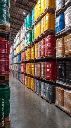 Colorful storage crates arranged in a warehouse with organized stacks in vari...