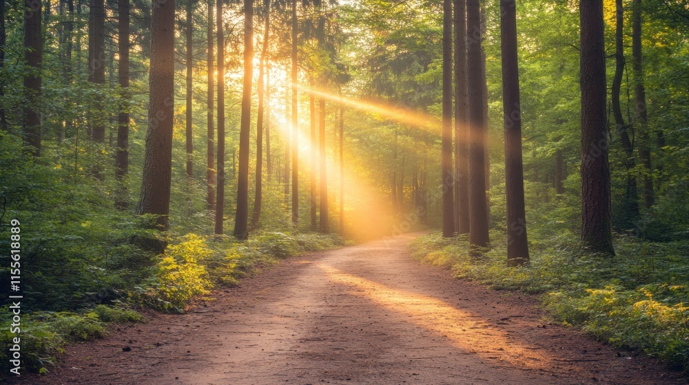 Fototapeta premium Sunbeams illuminate a path through a lush forest at sunrise.