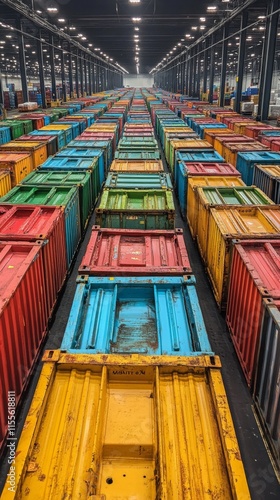 Colorful storage crates arranged in a warehouse with organized stacks in vari...