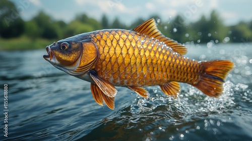 Golden fish leaps out of serene water during sunny afternoon in natural habitat