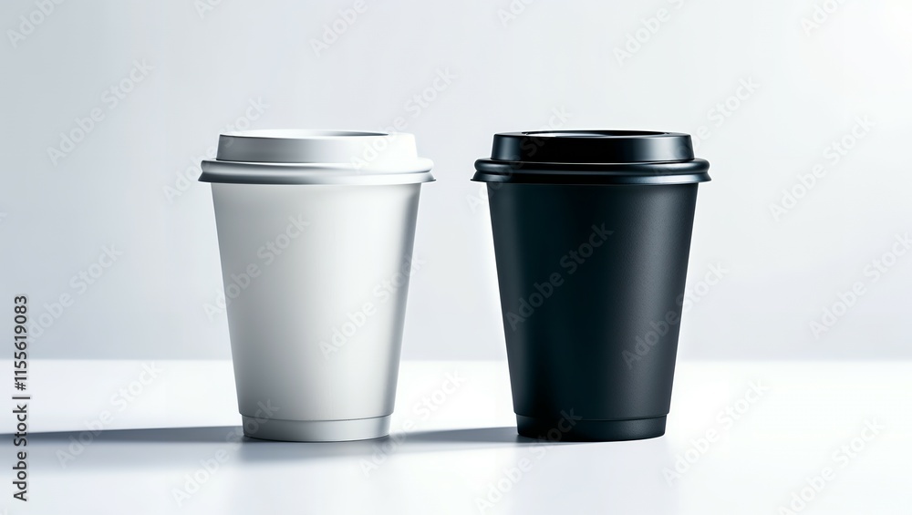 Blank black and white disposable paper cup with plastic lid mock up isolated, 3d rendering. Empty polystyrene coffee drinking mug mockup front view. Clear plain tea Blank black and white disposable paper cup with plastic lid mock up isolated, 3d rendering. Empty polystyrene coffee drinking mug mockup front view. Clear plain tea
