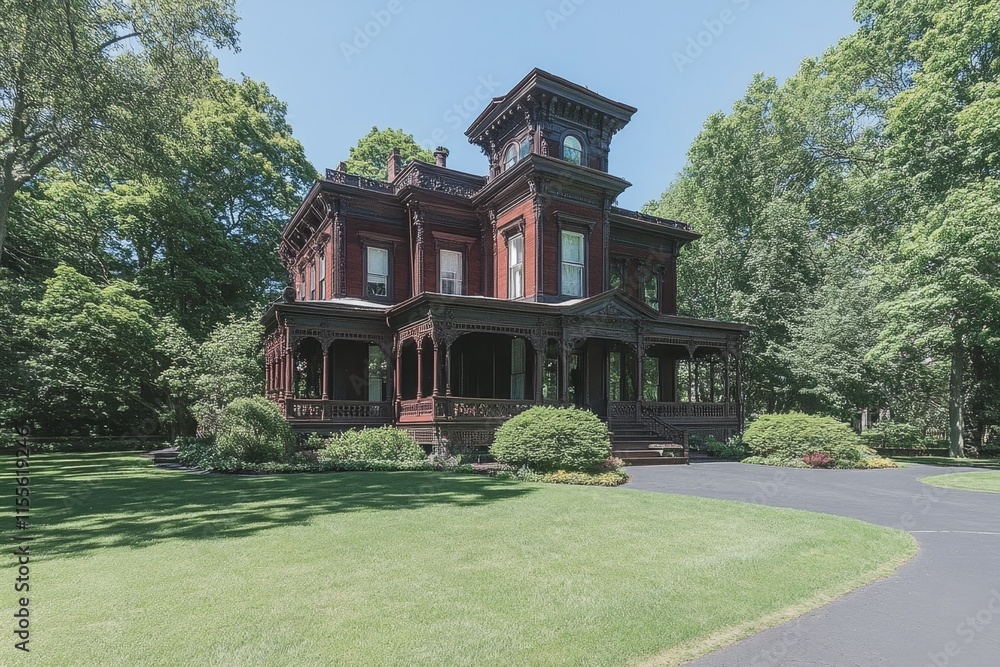 A historic Victorian-style house with intricate woodwork, a wraparound porch, and a tower-like feature at one corner A historic Victorian-style house with intricate woodwork, a wraparound porch, and a tower-like feature at one corner