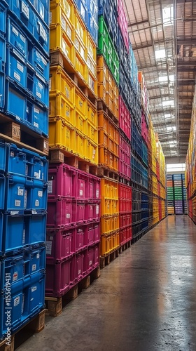 Colorful storage crates arranged in a warehouse with organized stacks in vari...