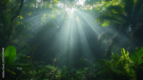 Sunlight filters through dense jungle canopy creating a serene atmosphere in ...