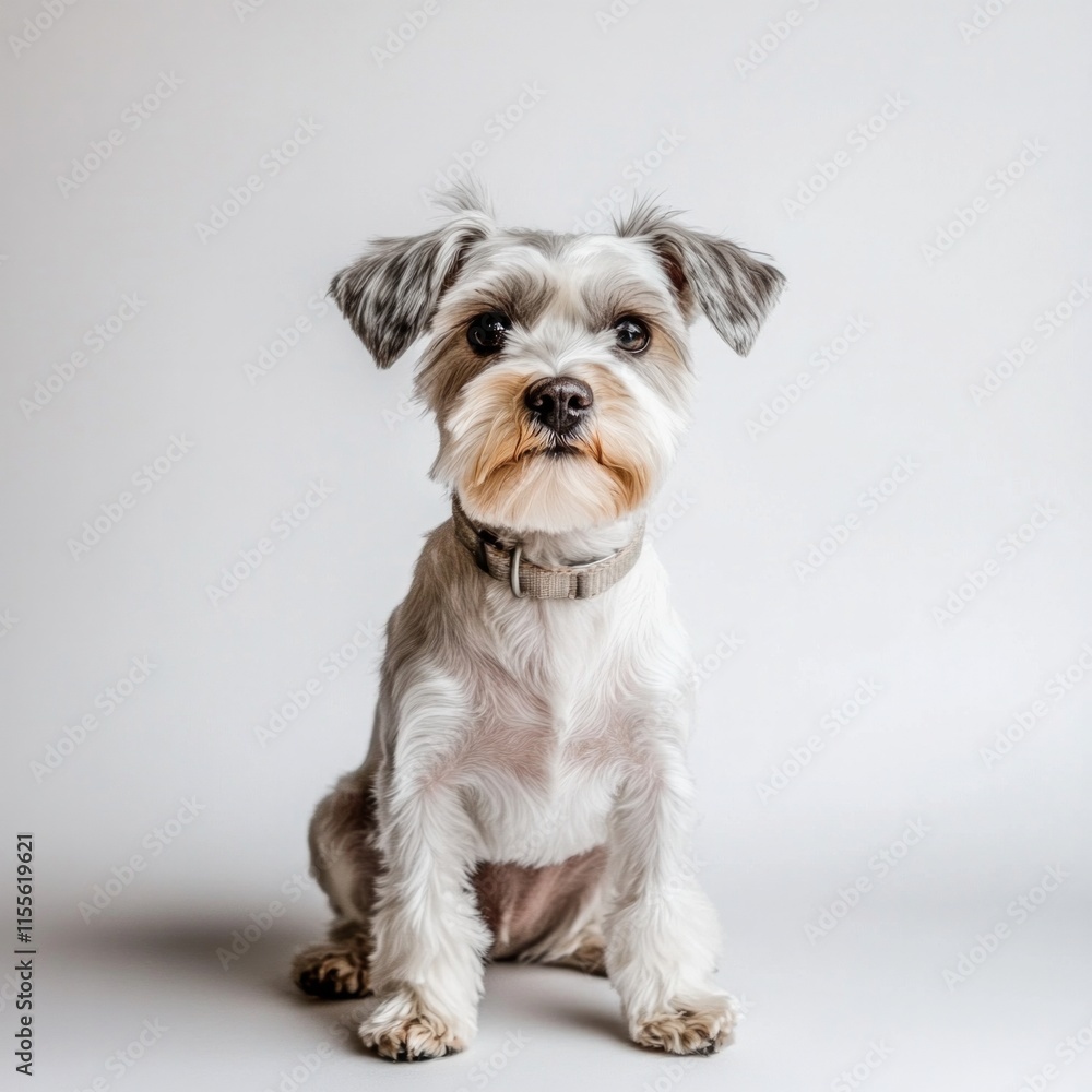 Adorable small white dog with floppy ears and collar on neutral background Adorable small white dog with floppy ears and collar on neutral background